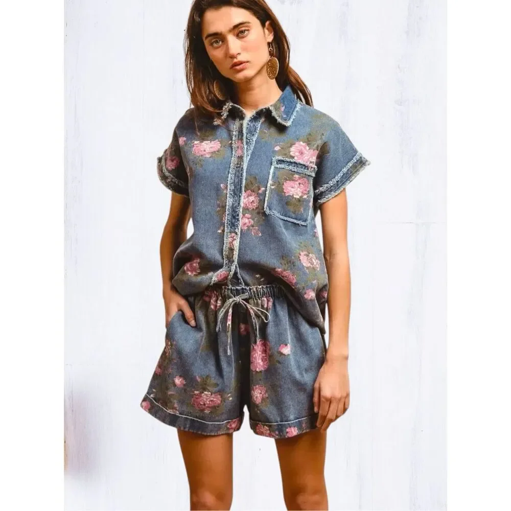 BiBi Floral Denim Short High Rise Drawstring Pink Rose Print Relaxed Fit Pockets - Picture 6 of 12